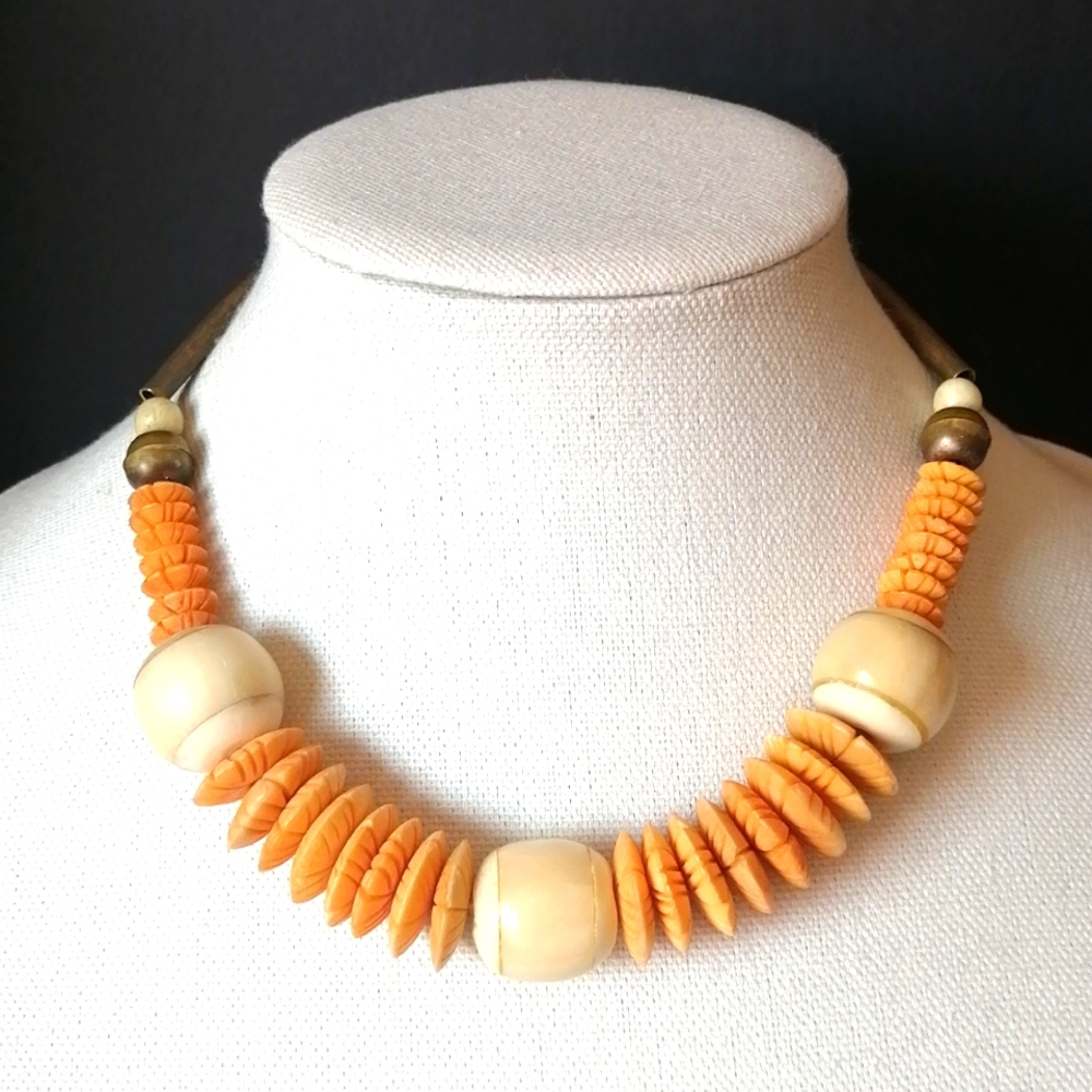 Vintage Necklace 1930s-1940s Carved Bovine Brass Tribal Bohemian